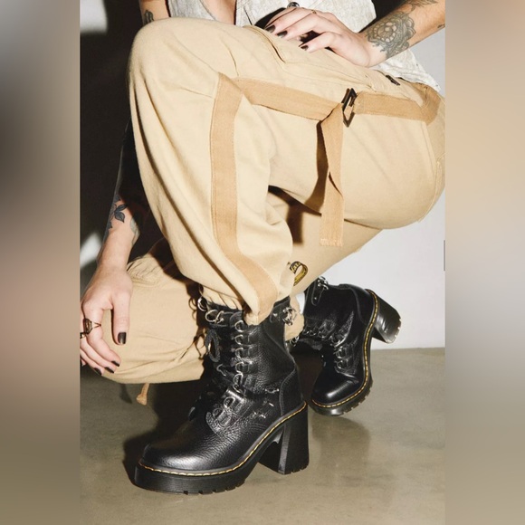 Sold out- DR. MARTENS CHESNEY PIERCING LEATHER FLARED HEEL LACE UP COMBAT BOOTS - Picture 2 of 5